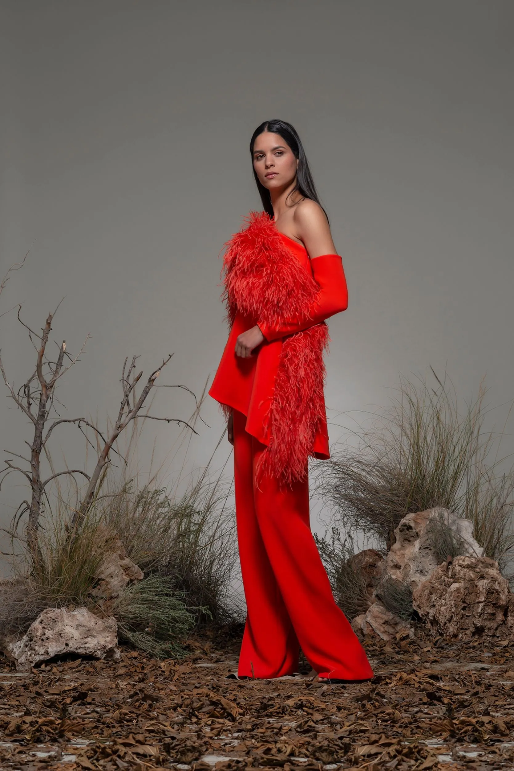 Asymmetric Loose Top with Feathers and Flared Pants