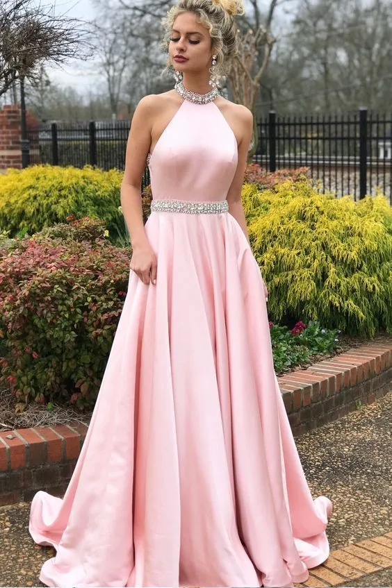 Beautiful Pink Halter Graduation Long Prom Dress | Special Occasion Dress
