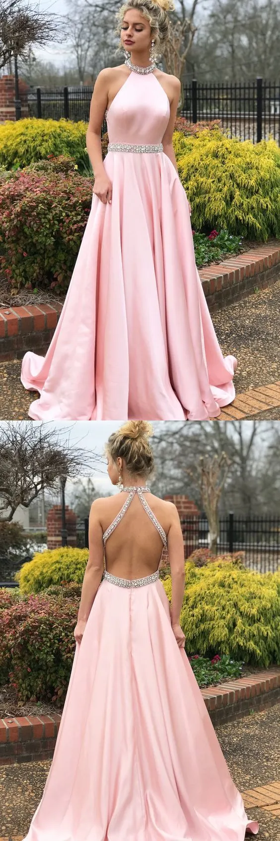 Beautiful Pink Halter Graduation Long Prom Dress | Special Occasion Dress