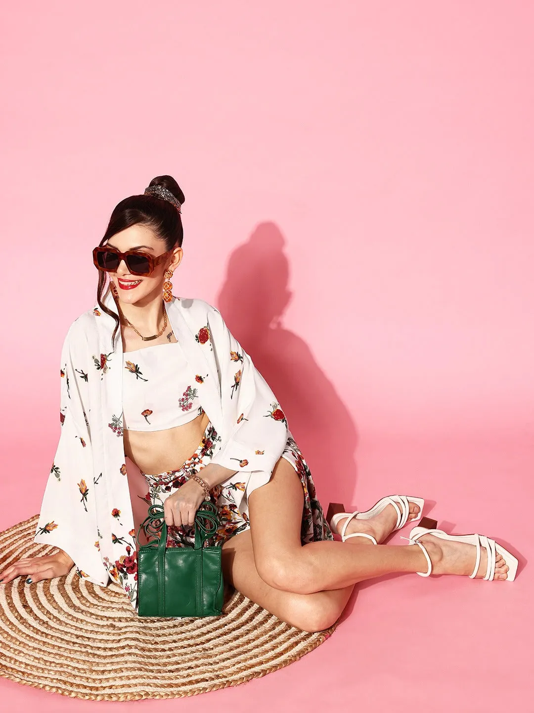 Berrylush Women White & Red Floral Printed Square Neck Crop Top & Tie-Up Front Shorts With Shrug