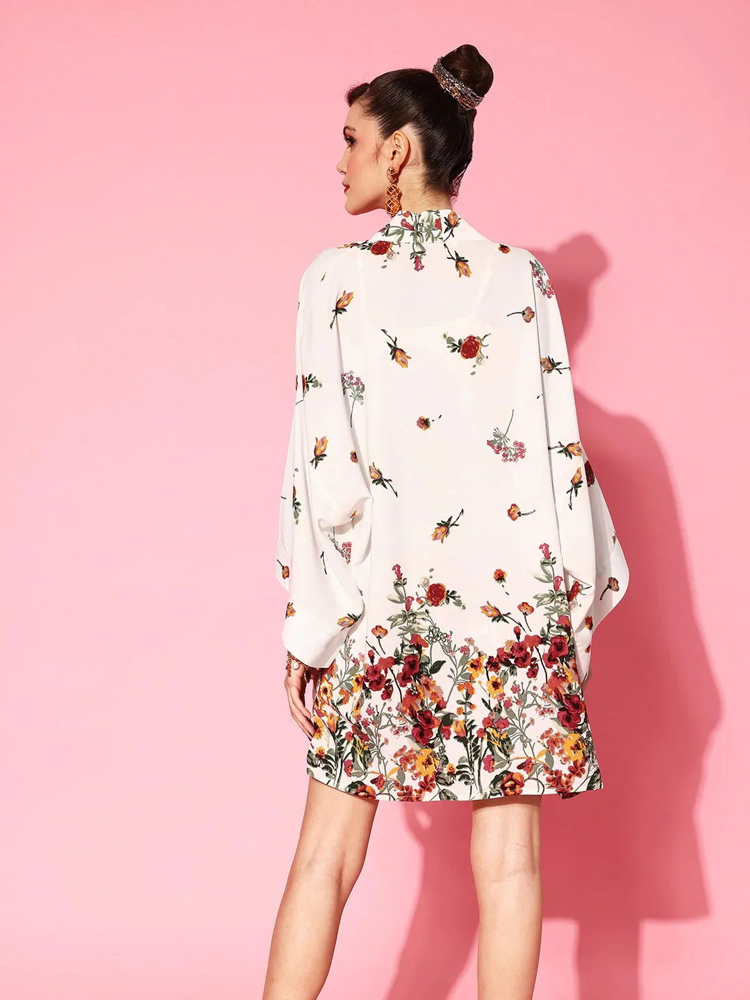 Berrylush Women White & Red Floral Printed Square Neck Crop Top & Tie-Up Front Shorts With Shrug
