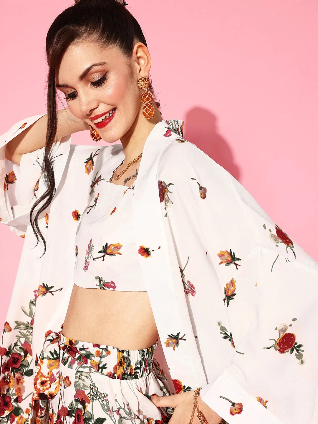 Berrylush Women White & Red Floral Printed Square Neck Crop Top & Tie-Up Front Shorts With Shrug