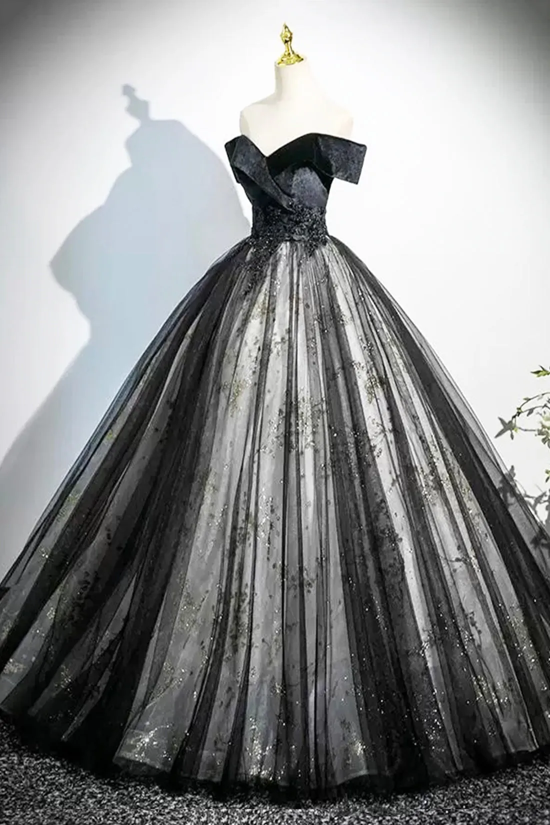 Black Velvet Sequins Long Prom Dress, Elegant Off the Shoulder Party Dress