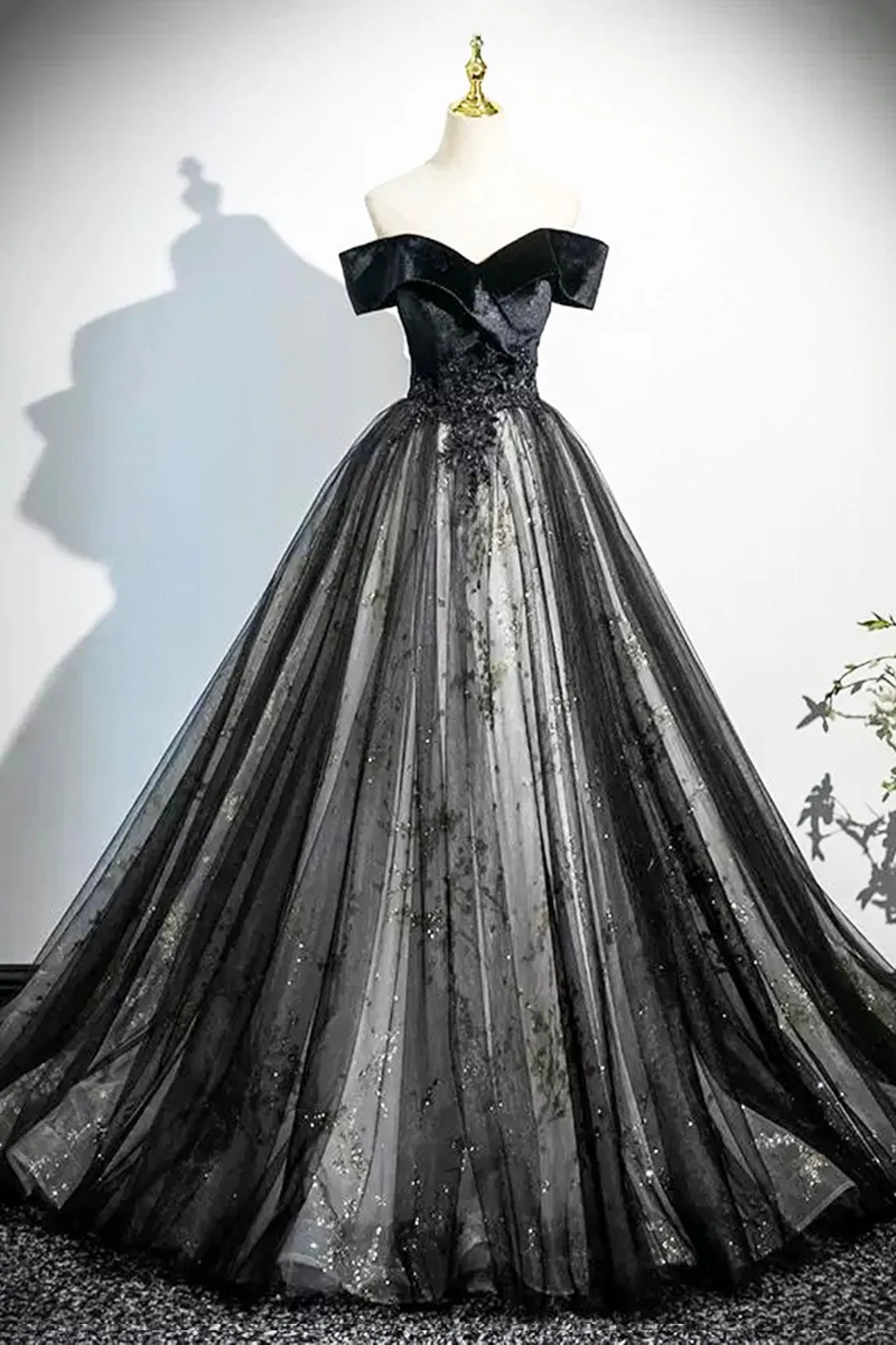 Black Velvet Sequins Long Prom Dress, Elegant Off the Shoulder Party Dress
