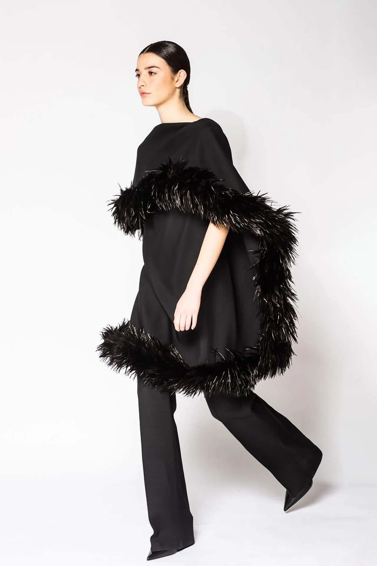 Blouse with Feathers and Flared Pants