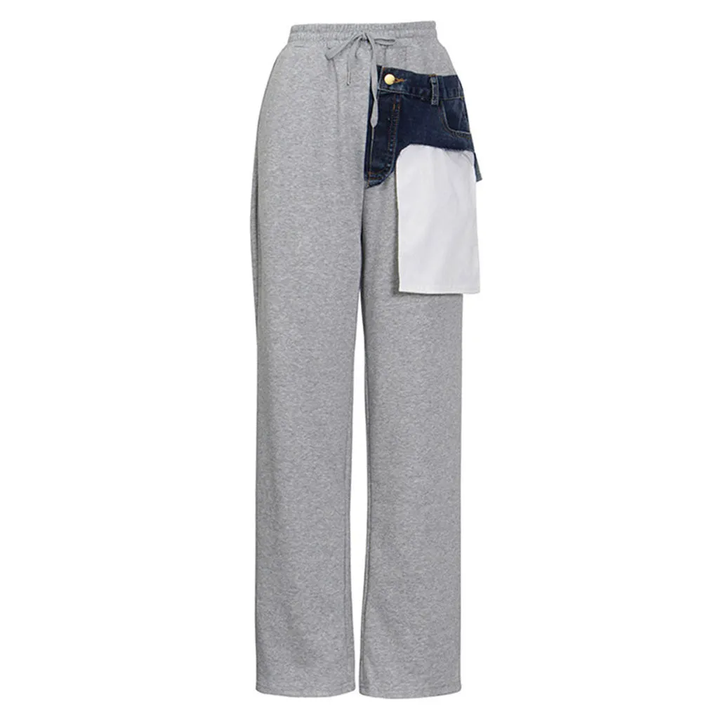 Deconstructed Inverted Pocket Denim Applique High Waist Sweatpants