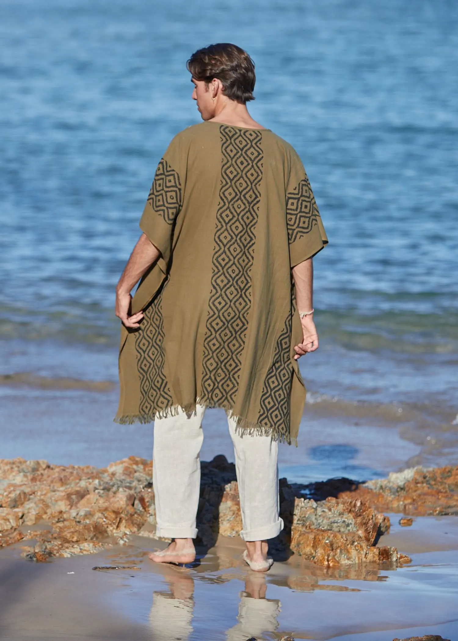Earthy Block Print Kaftan for Men - Khaki