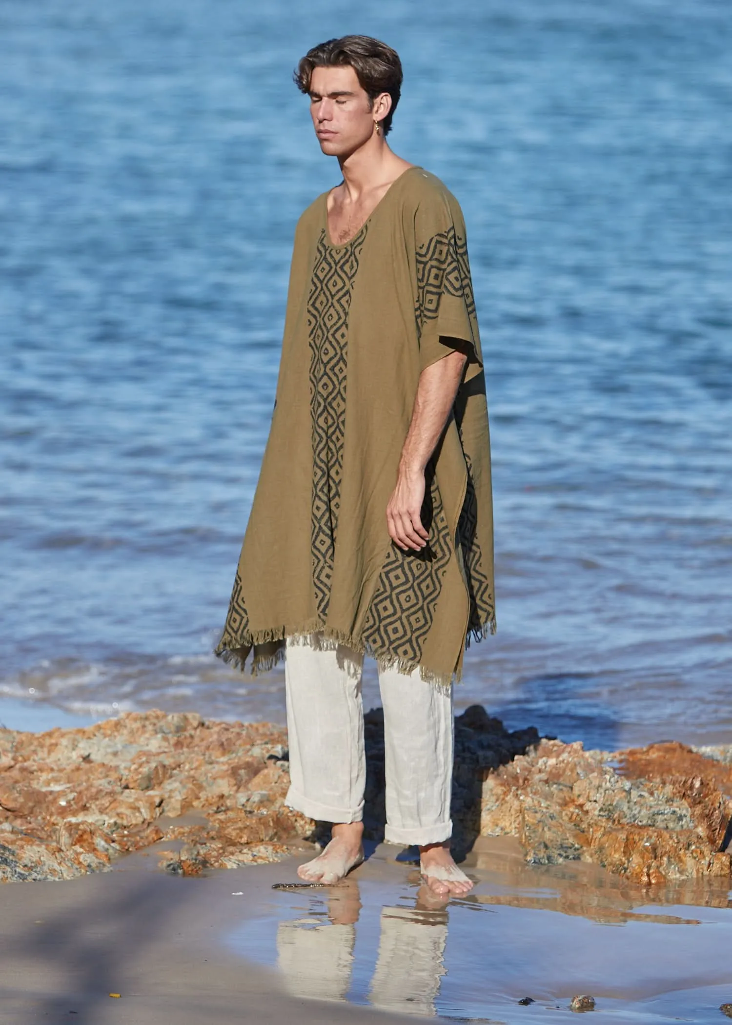 Earthy Block Print Kaftan for Men - Khaki