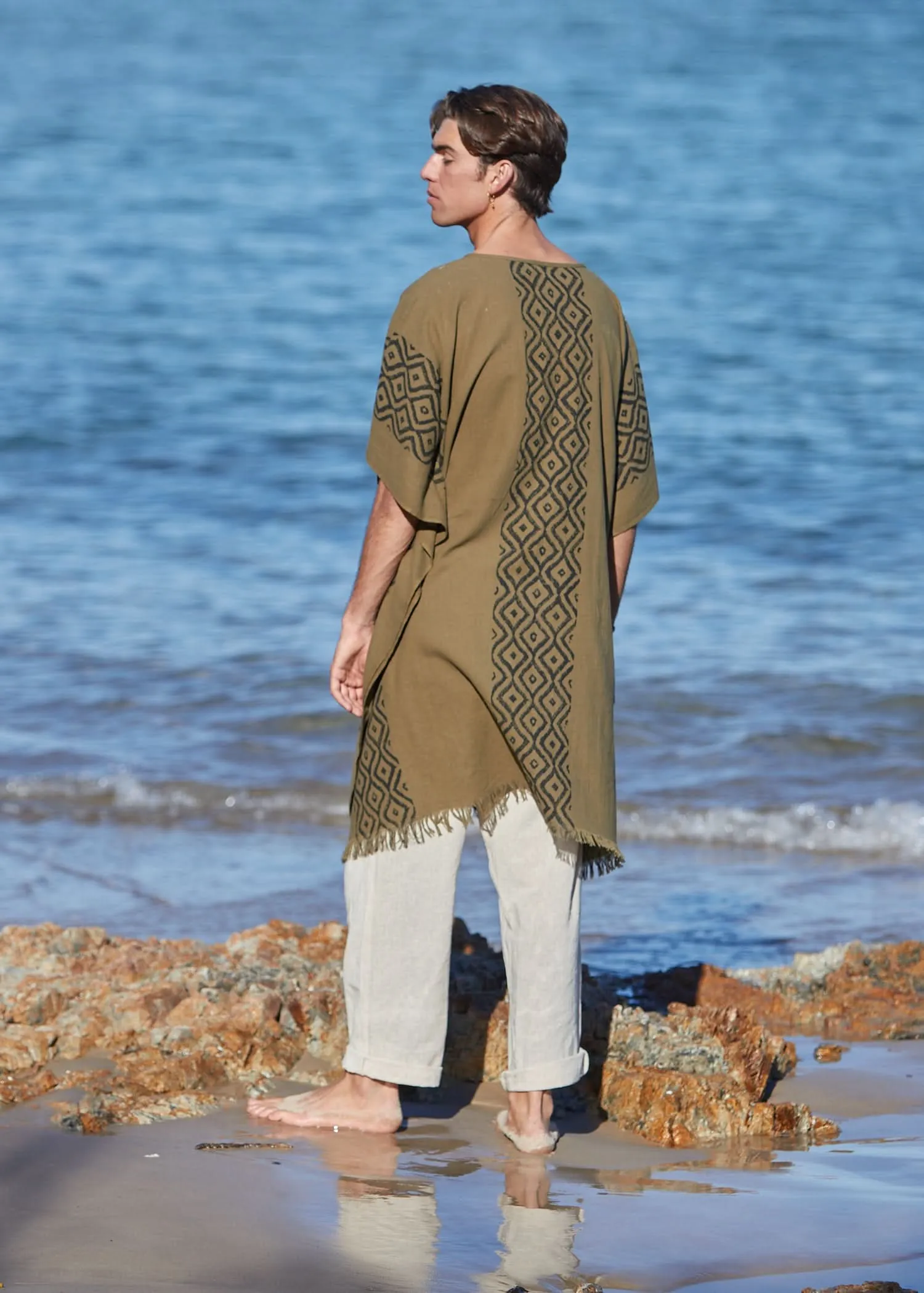 Earthy Block Print Kaftan for Men - Khaki