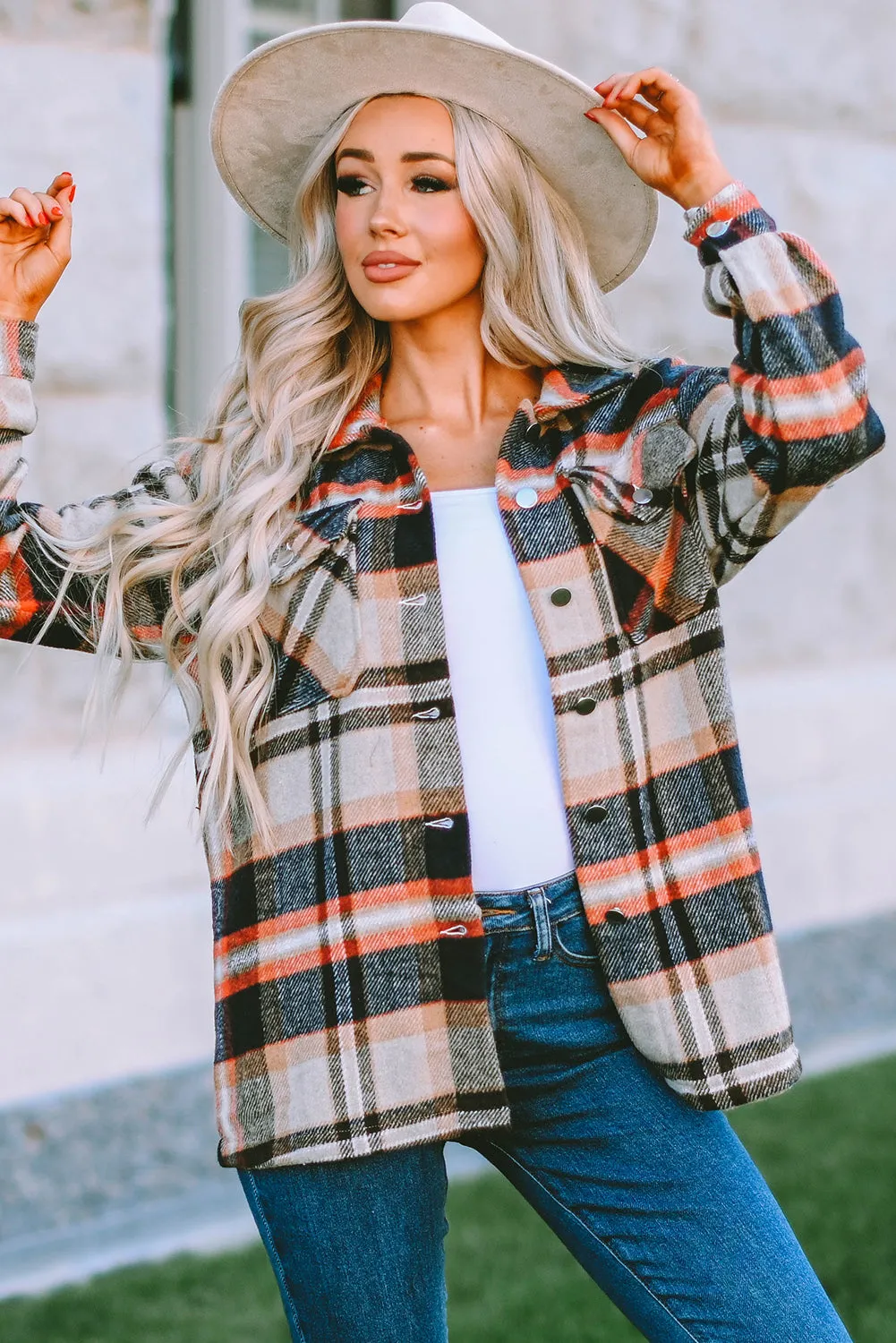 Geometric Plaid Pocketed Shacket