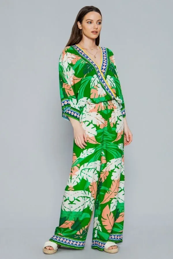 Green Leaf Print Surplice Kimono Wide Pant