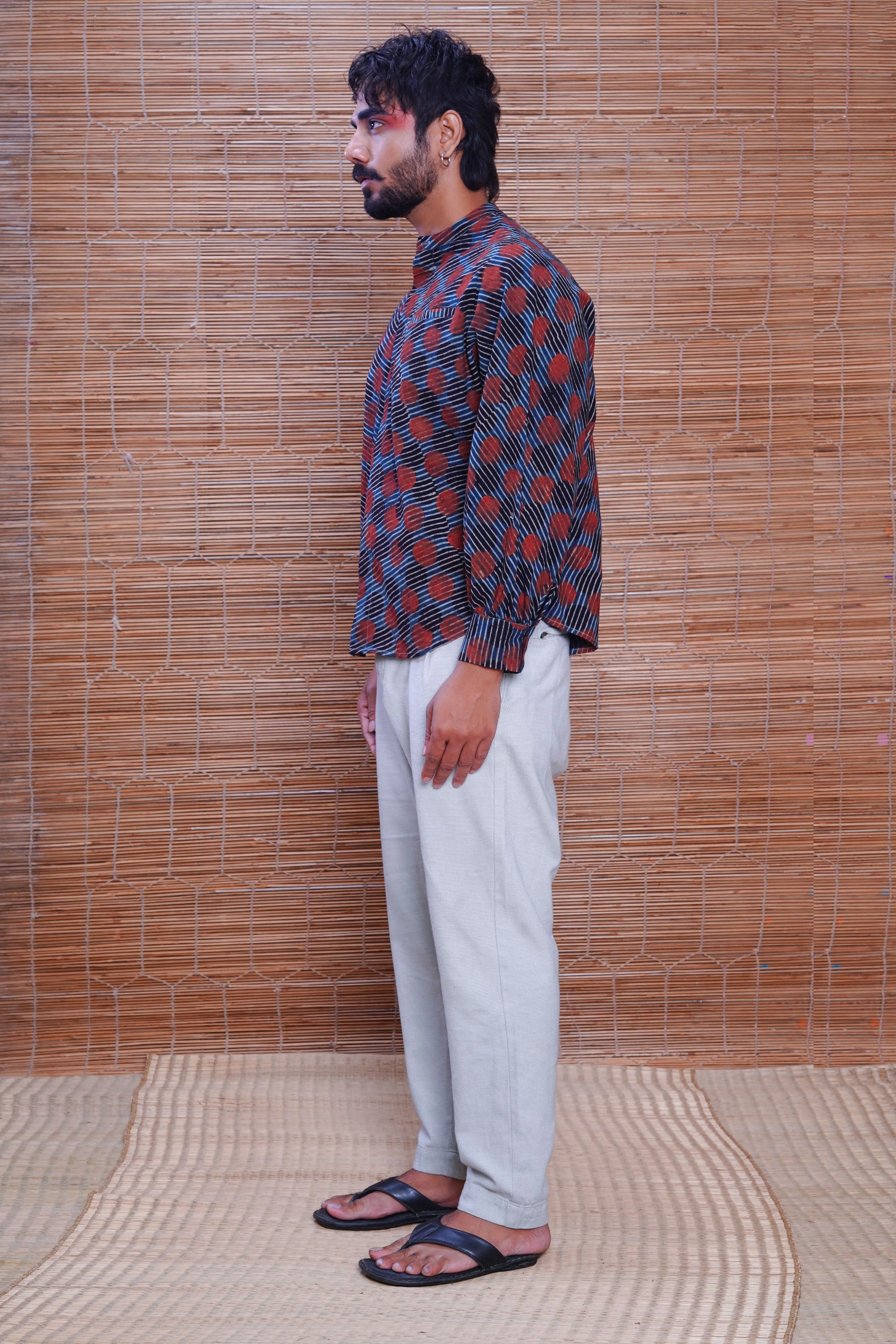 Hand block printed Ajrakh sunset kimono shirt for men
