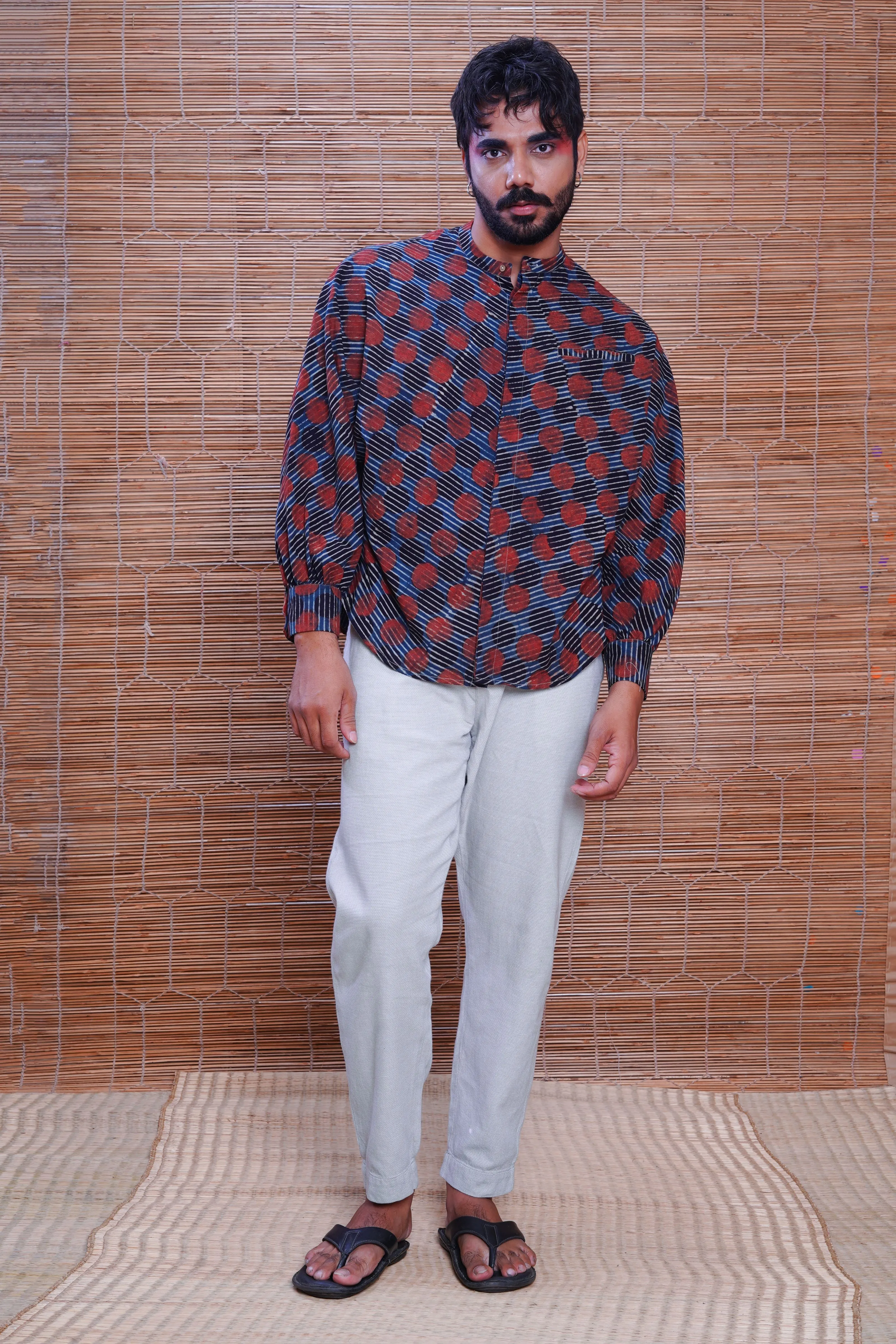 Hand block printed Ajrakh sunset kimono shirt for men