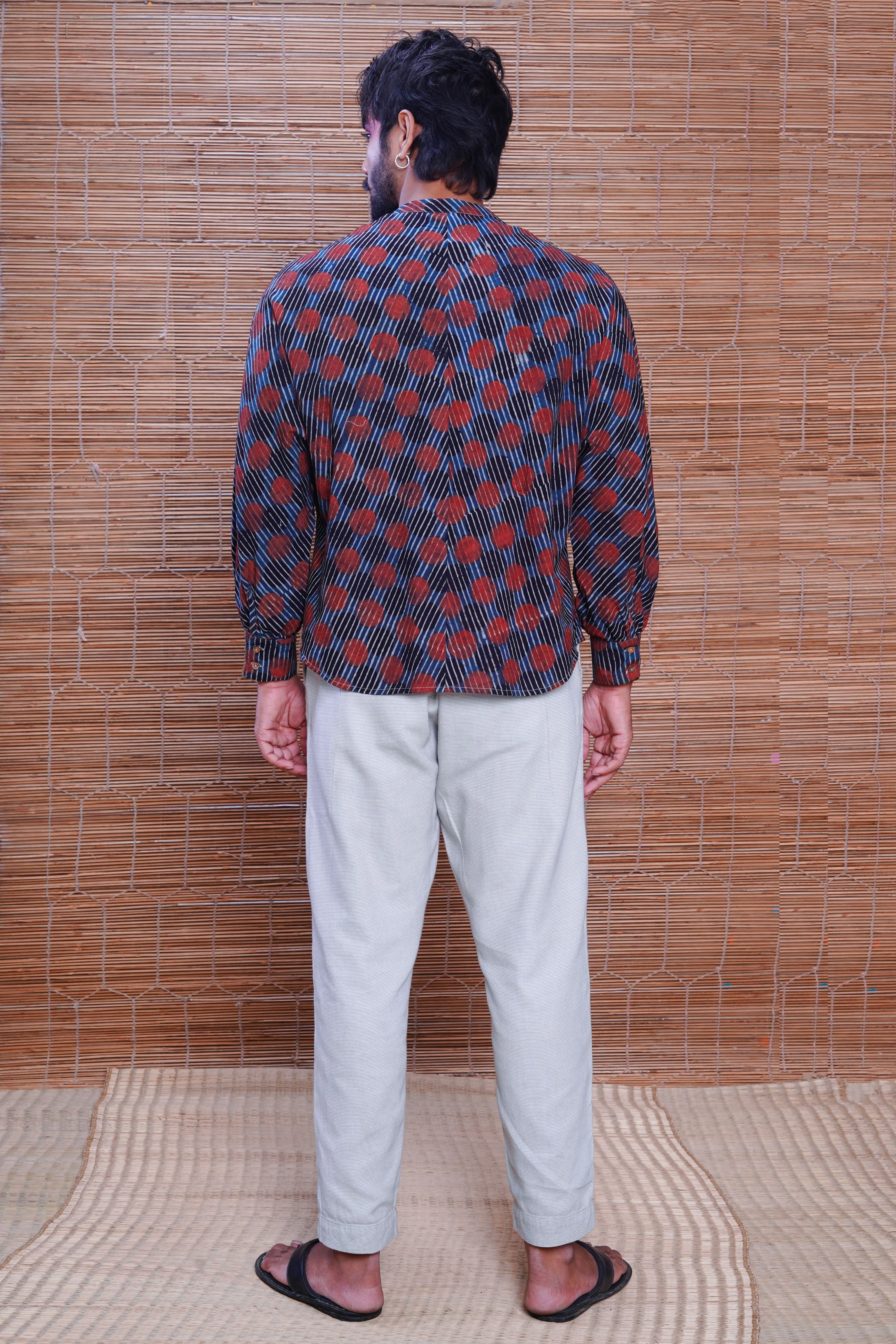 Hand block printed Ajrakh sunset kimono shirt for men