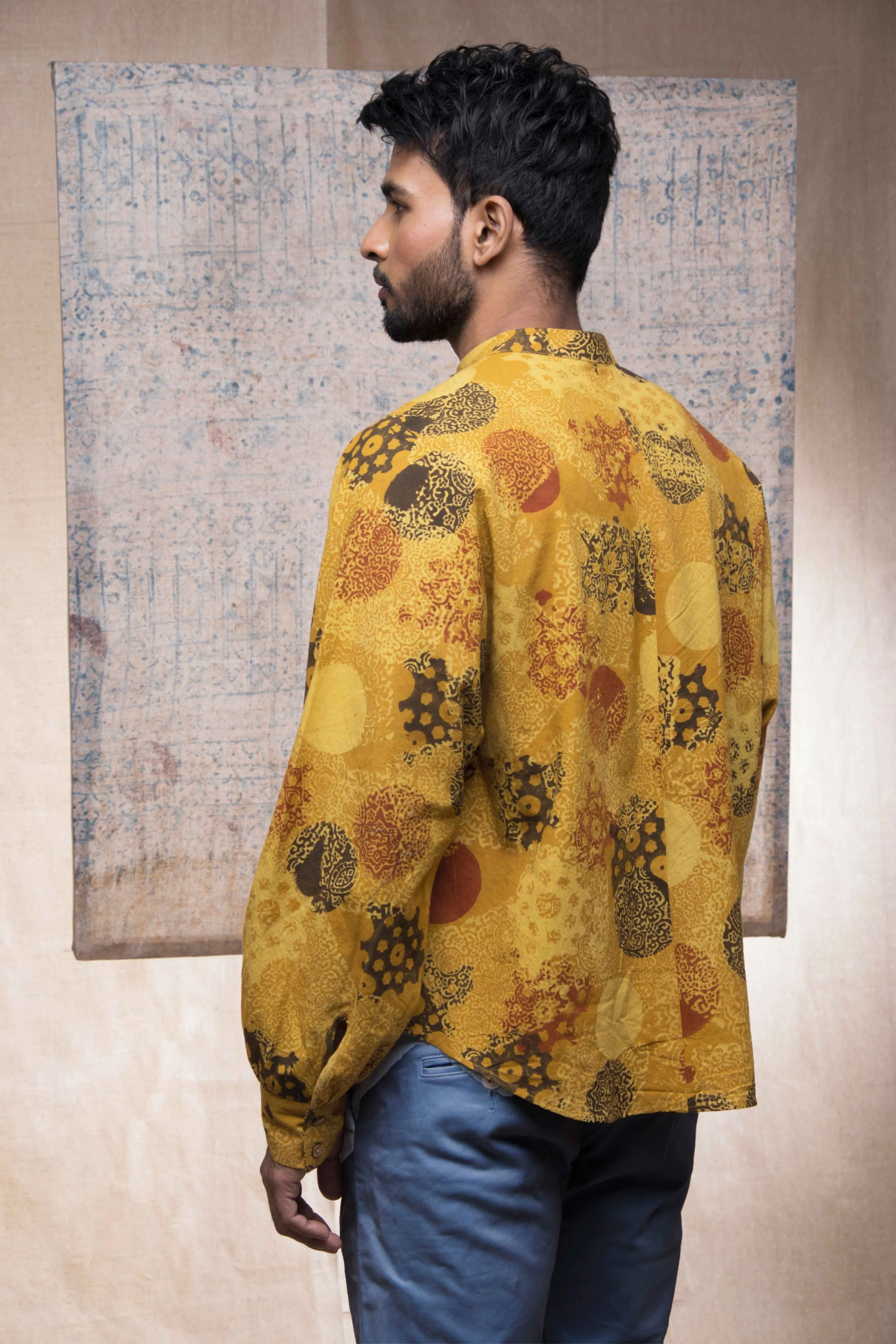 Hand block printed Ajrakh sunshine kimono shirt for men