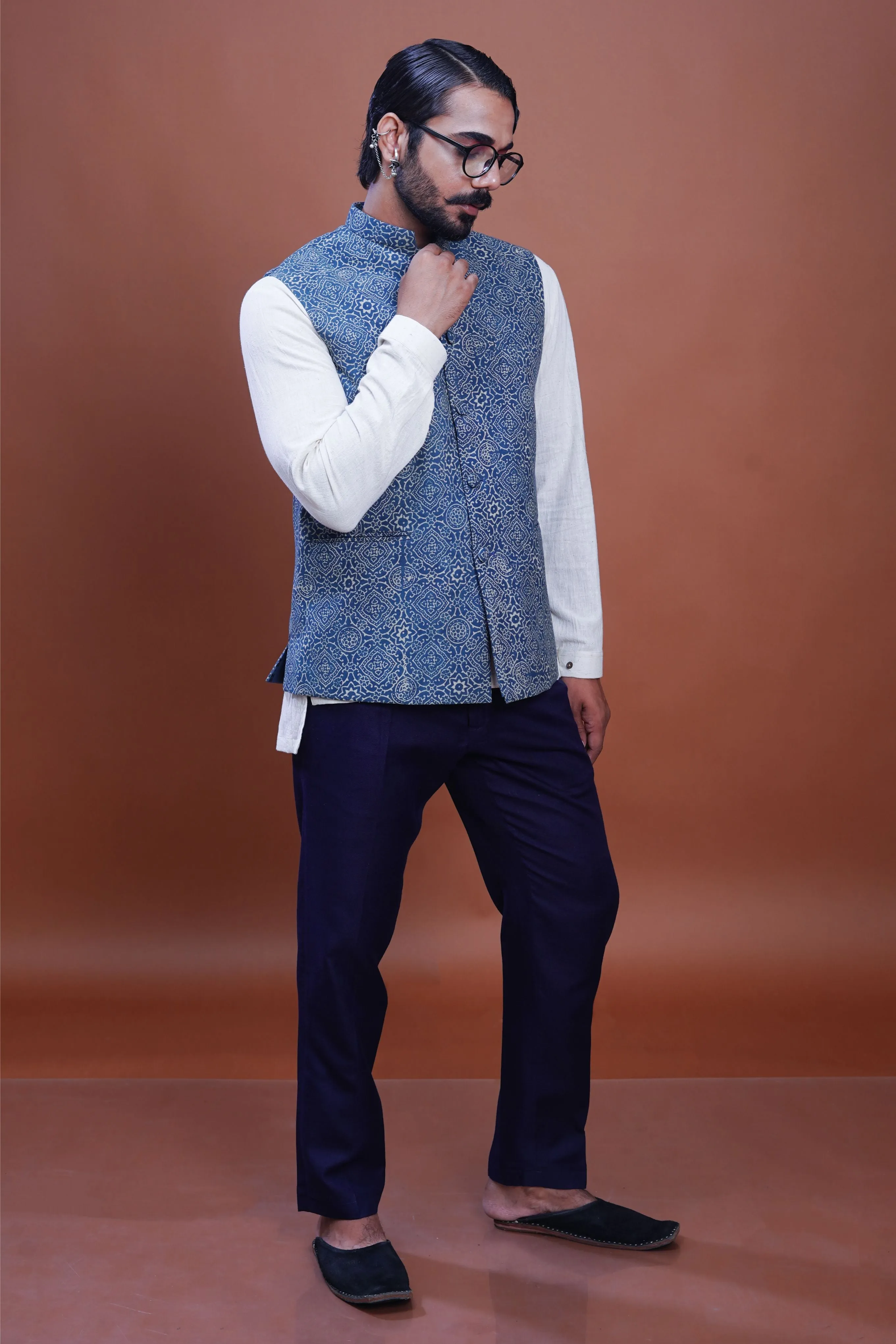 Hand block printed Clear Sky Nehru Jacket