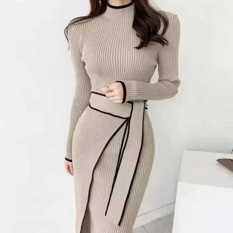 High Collar Knitted Piping Accent Sweater Dress