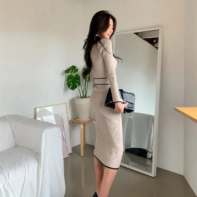 High Collar Knitted Piping Accent Sweater Dress