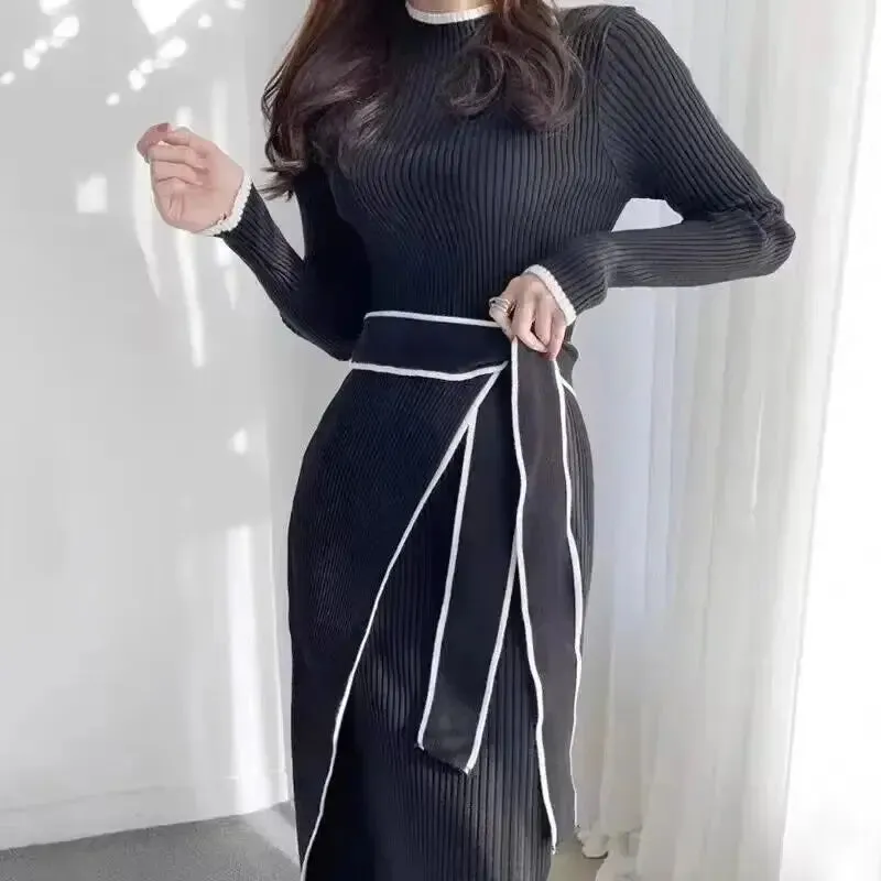 High Collar Knitted Piping Accent Sweater Dress
