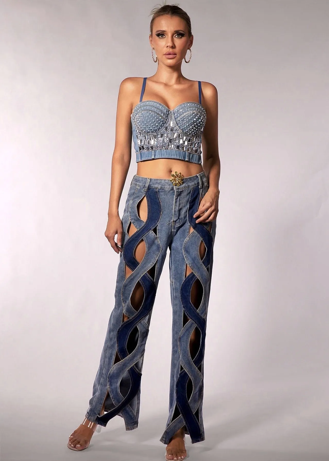 Hollow-Out Straight Denim Pants
