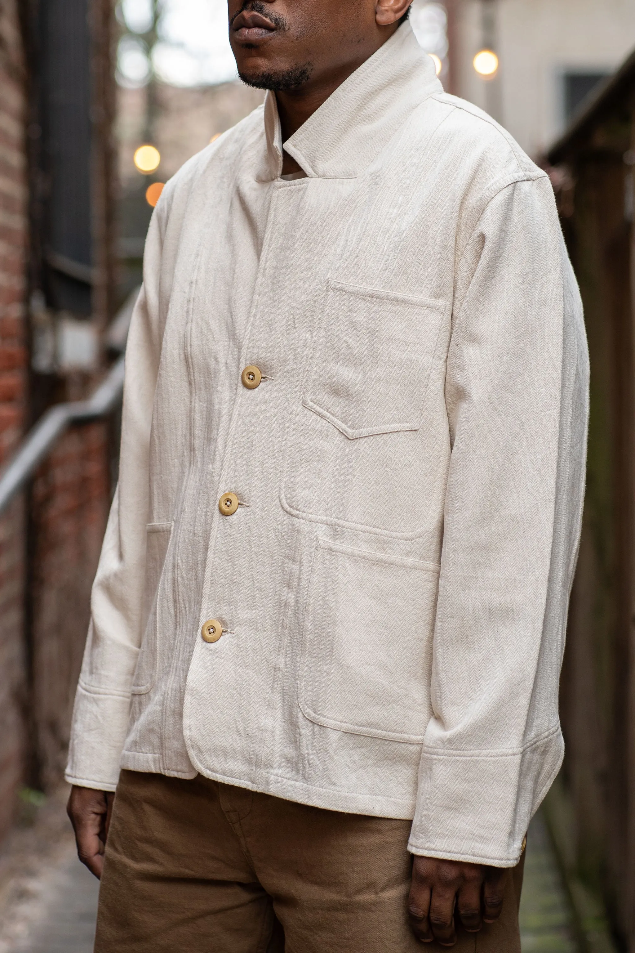 Indi   Ash Study Jacket - Handwoven Military Herringbone Natural