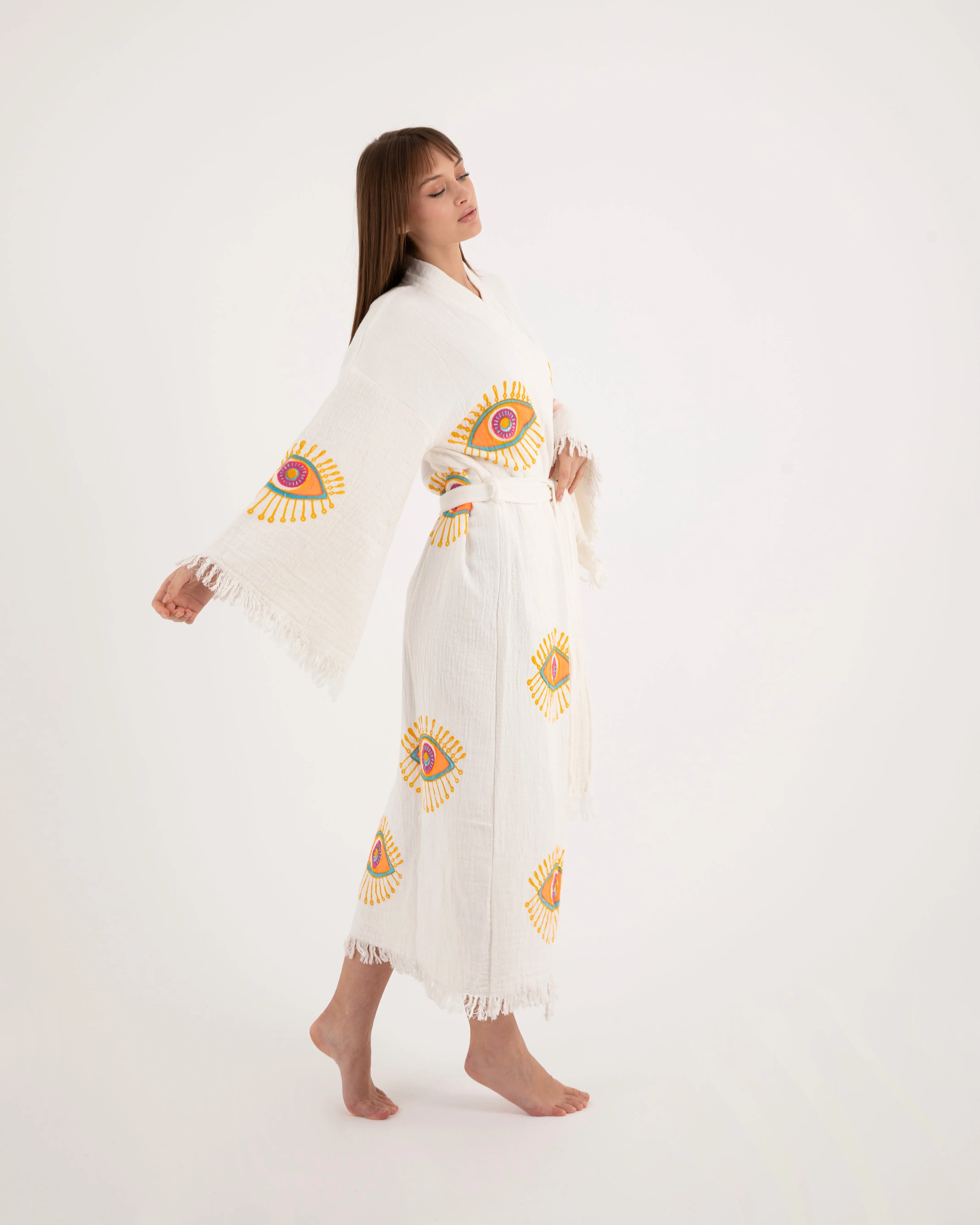 Orange Eye White Color Kimono Robe