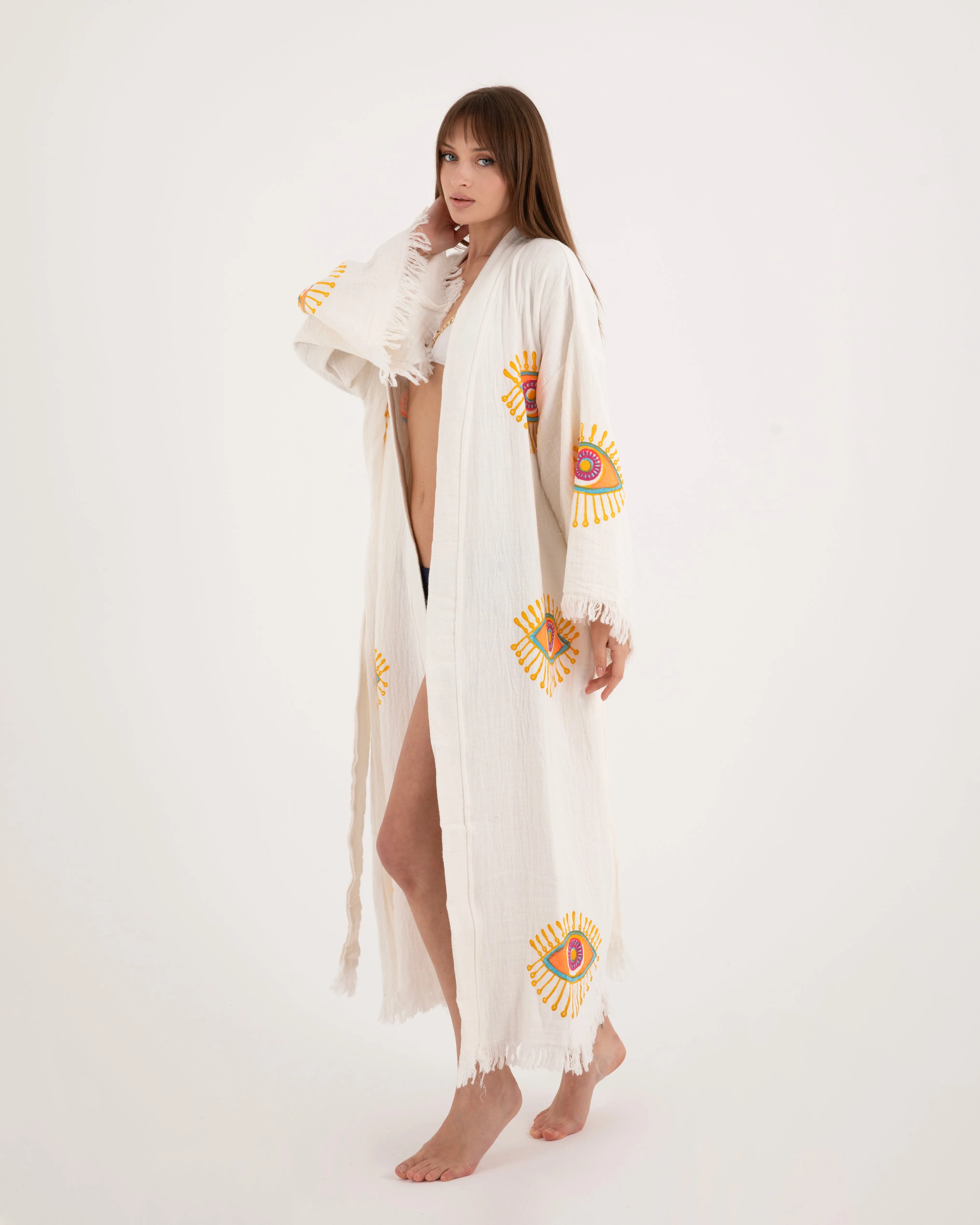Orange Eye White Color Kimono Robe