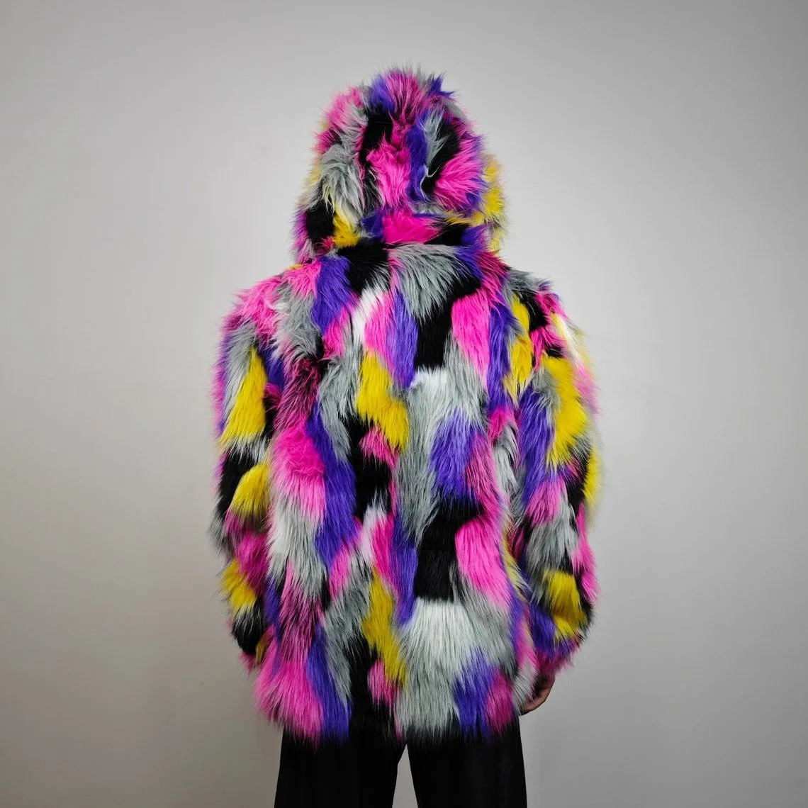 Patch faux fur jacket raised neck coat bright raver bomber fluffy rainbow fleece bright festival track jacket burning man overcoat pink grey