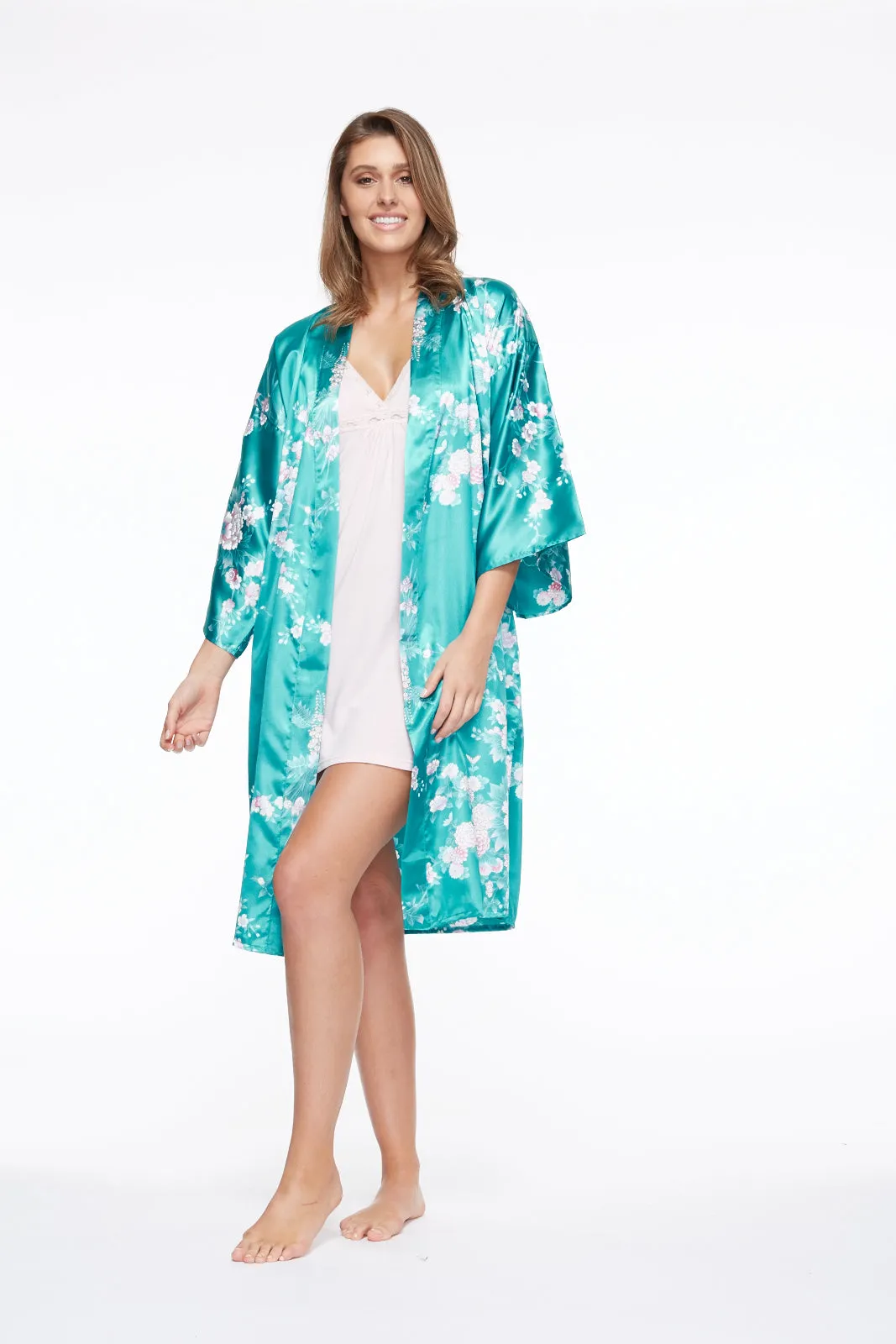 Peony & Iris Short Satin Kimono