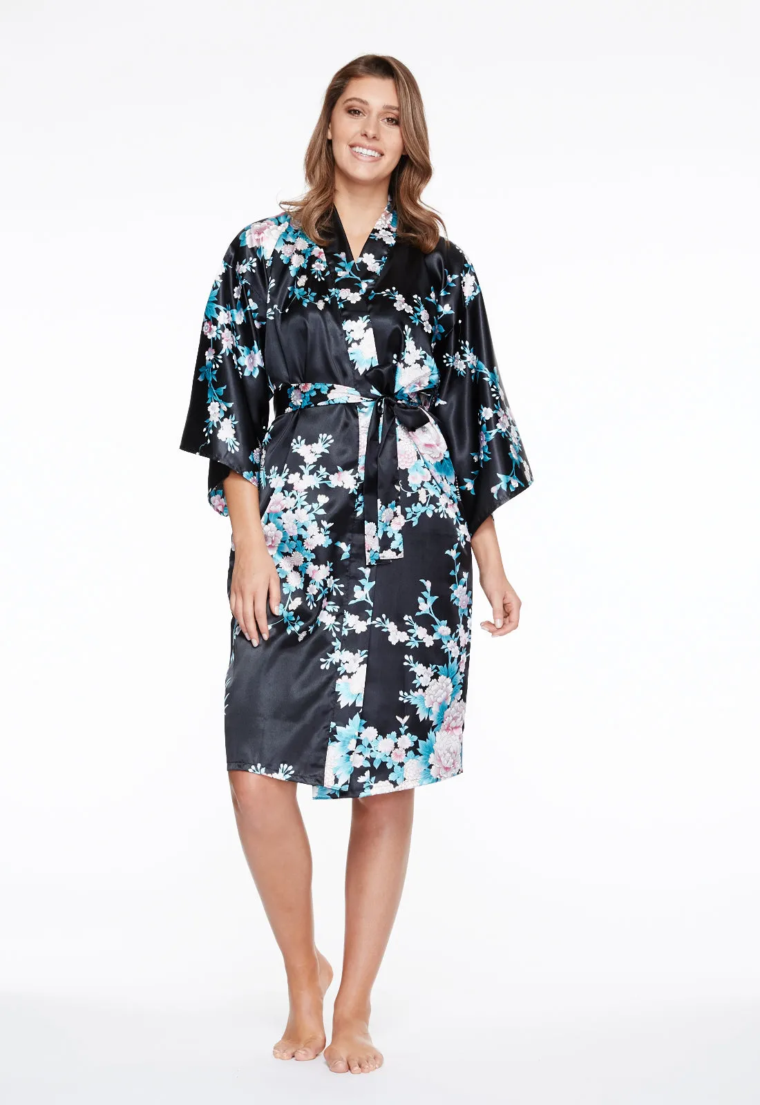 Peony & Iris Short Satin Kimono