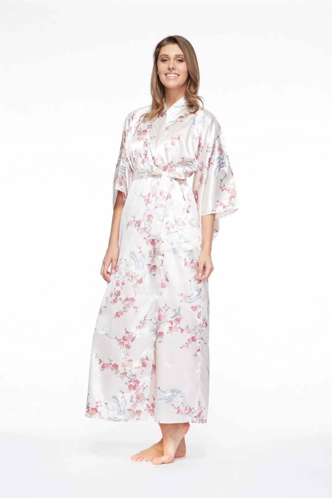 Plum & Crane Long Satin Kimono