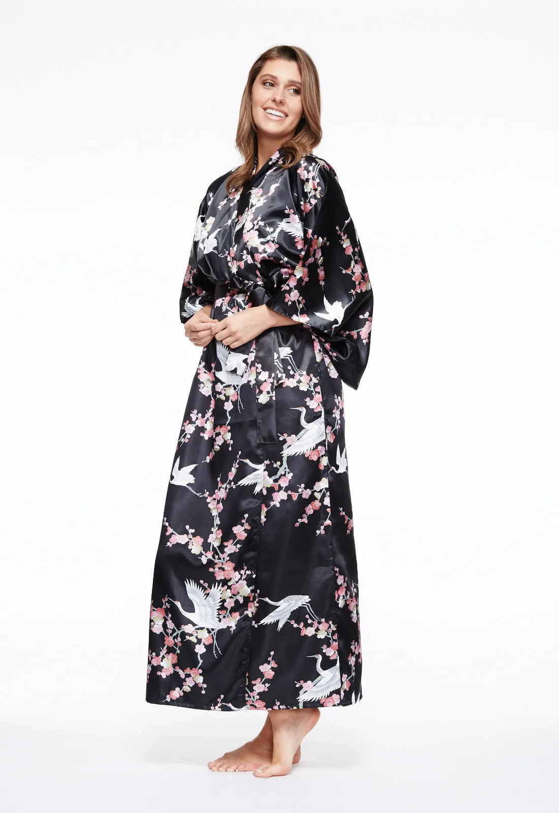 Plum & Crane Long Satin Kimono