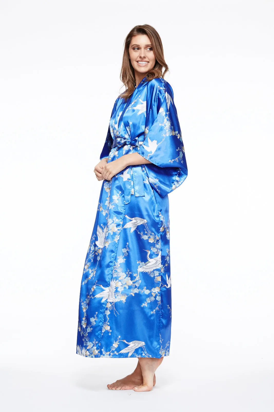 Plum & Crane Long Satin Kimono