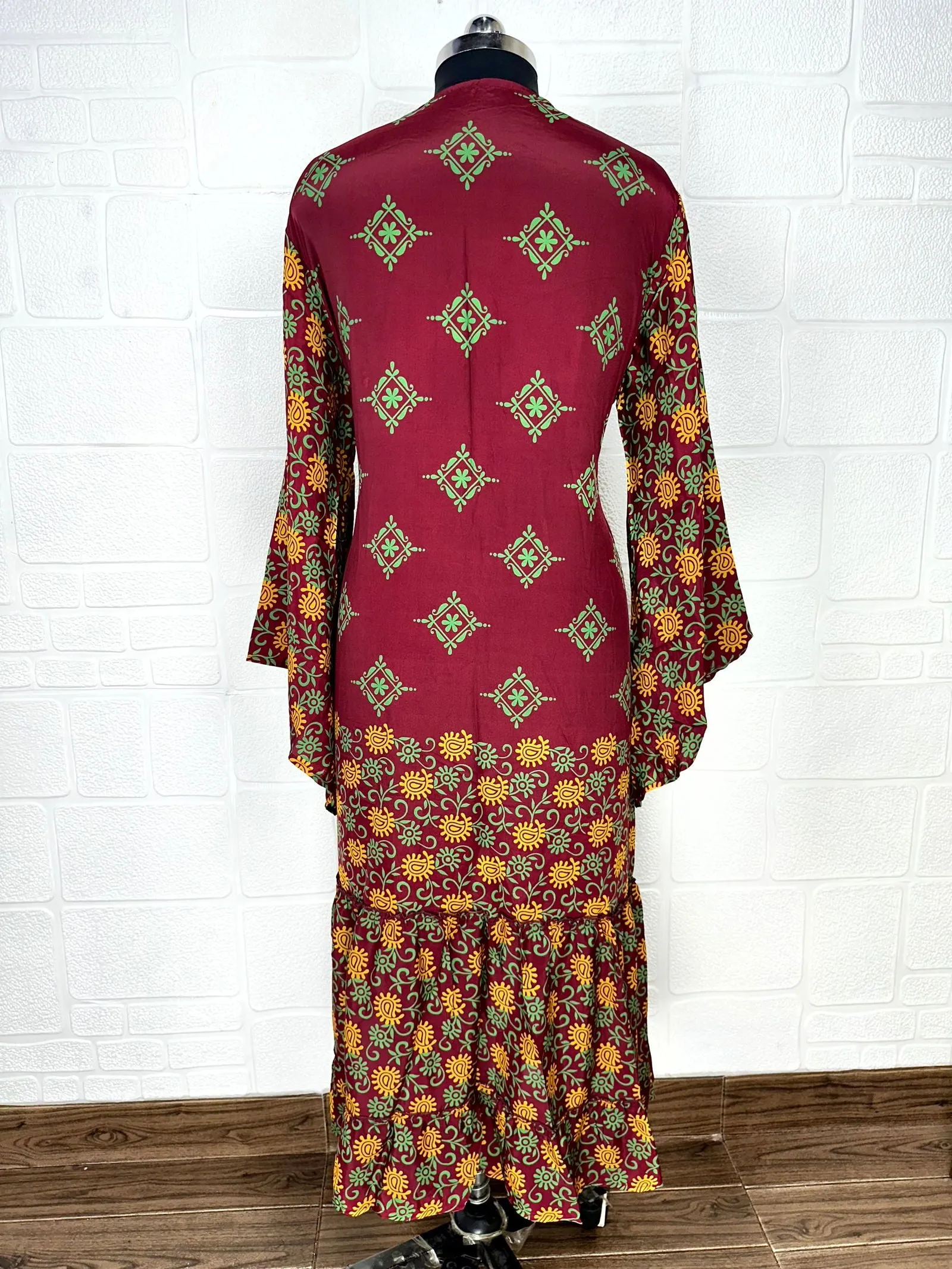 Recycle Boho House Robe Kimono Vintage Silk Sari Dressing Gown, Beach Coverup, Bridesmaid, Anniversary Gift Her | Paisley Print Red Yellow