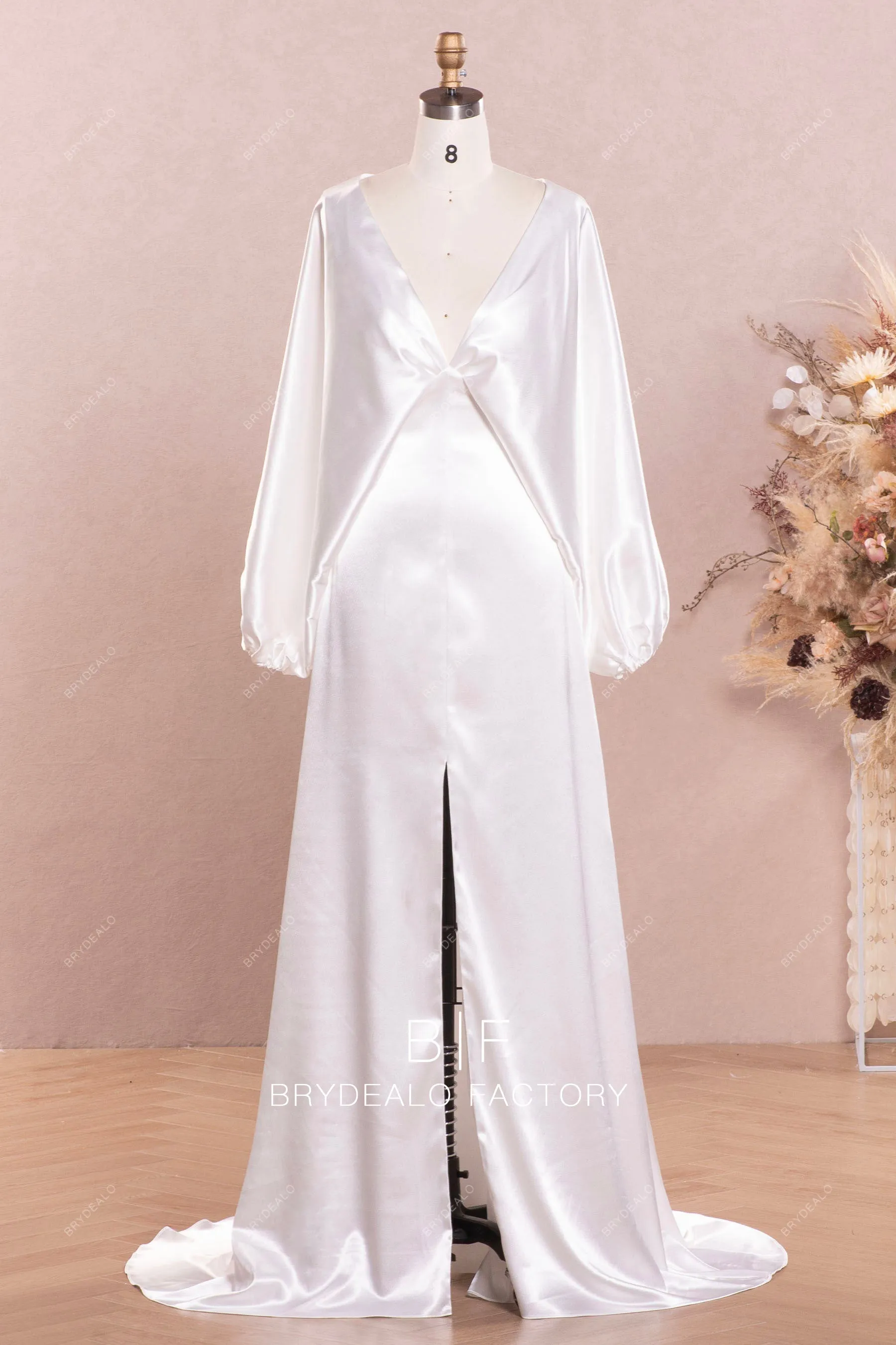 Simple Kimono Sleeve Glossy Satin Slit Modern Wedding Dress