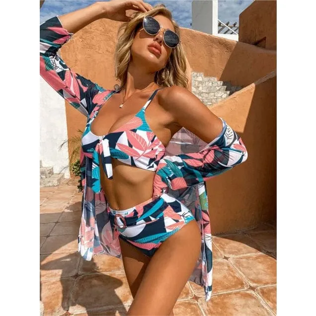 Tropical Print Front Knot High Waist Belted Bikini Swimsuit & Kimono