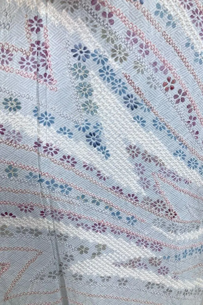Vintage Pale Blue Grey Shibori Silk Kimono