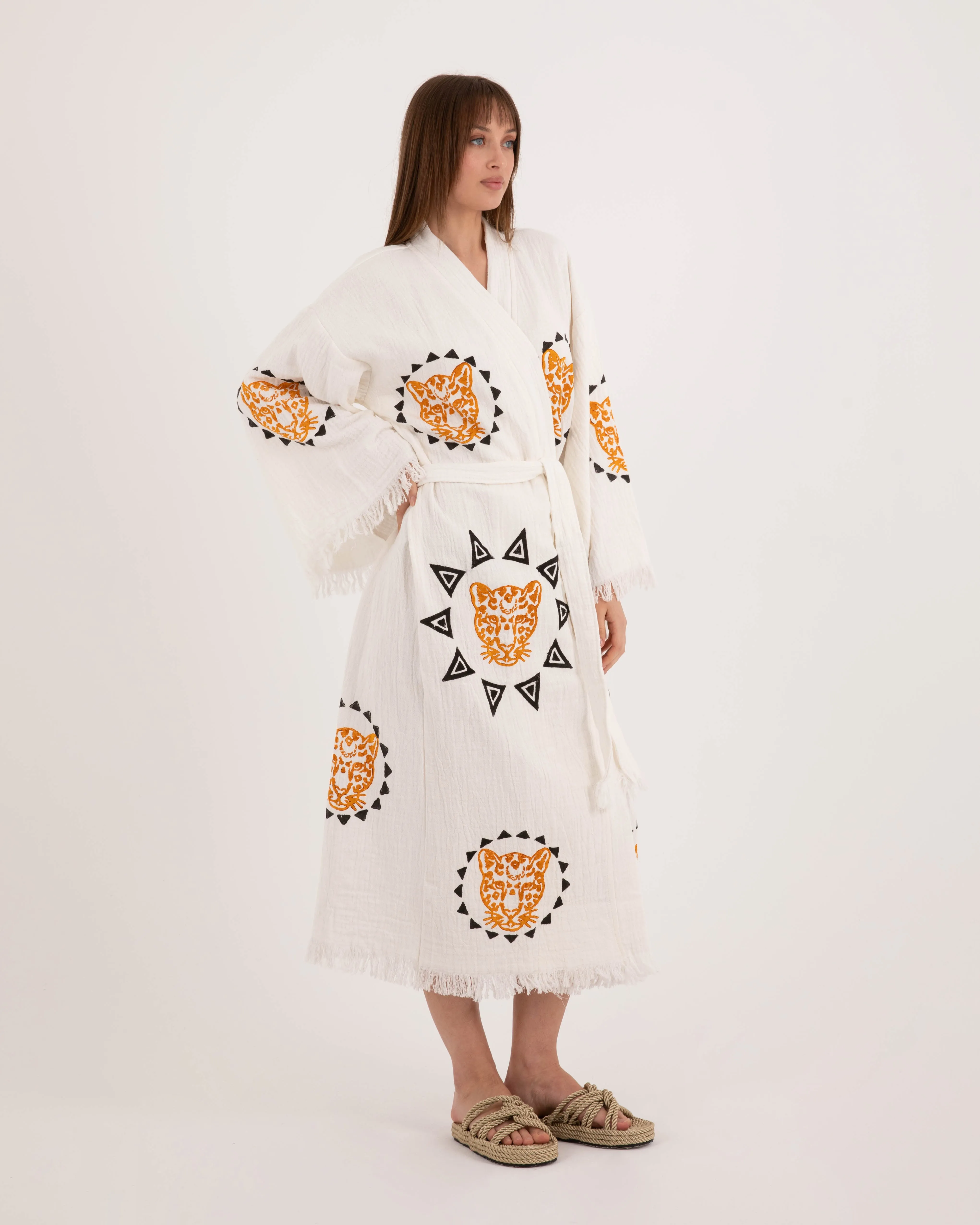 White Kimono with Orange Black Leopard Pattern