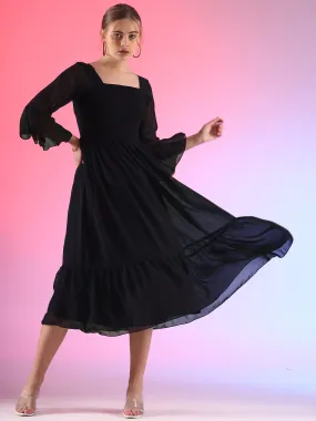 Women Solid Georgette Smoking A-line Midi Dress