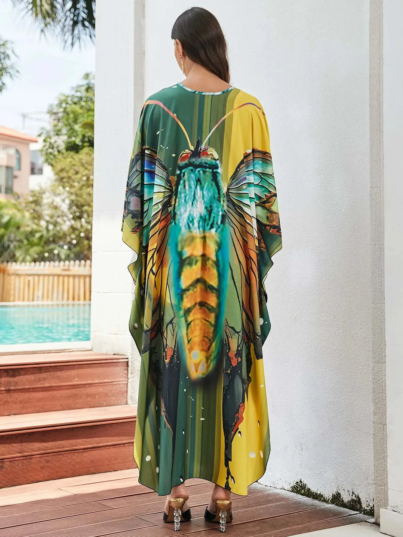 Women's Butterfly Print Batwing Sleeve Kaftan