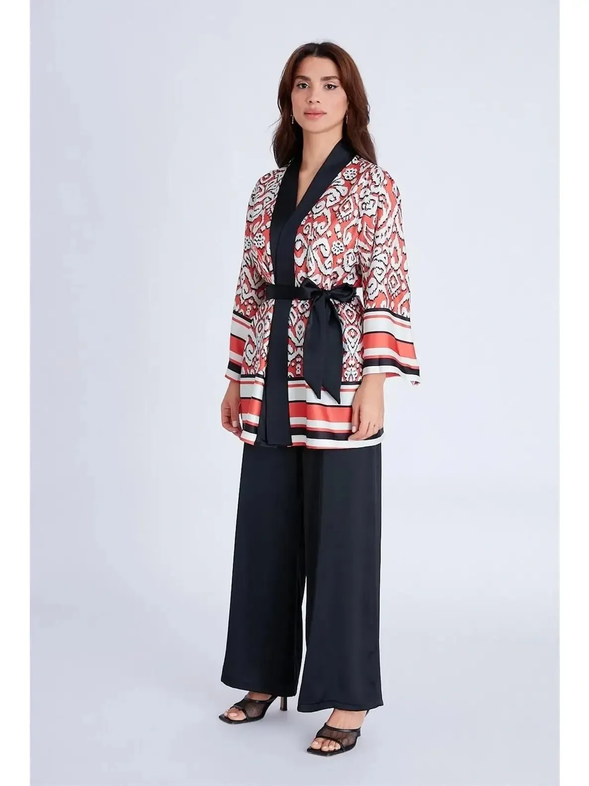 Women's Satin Kimono Pants Set - Orange