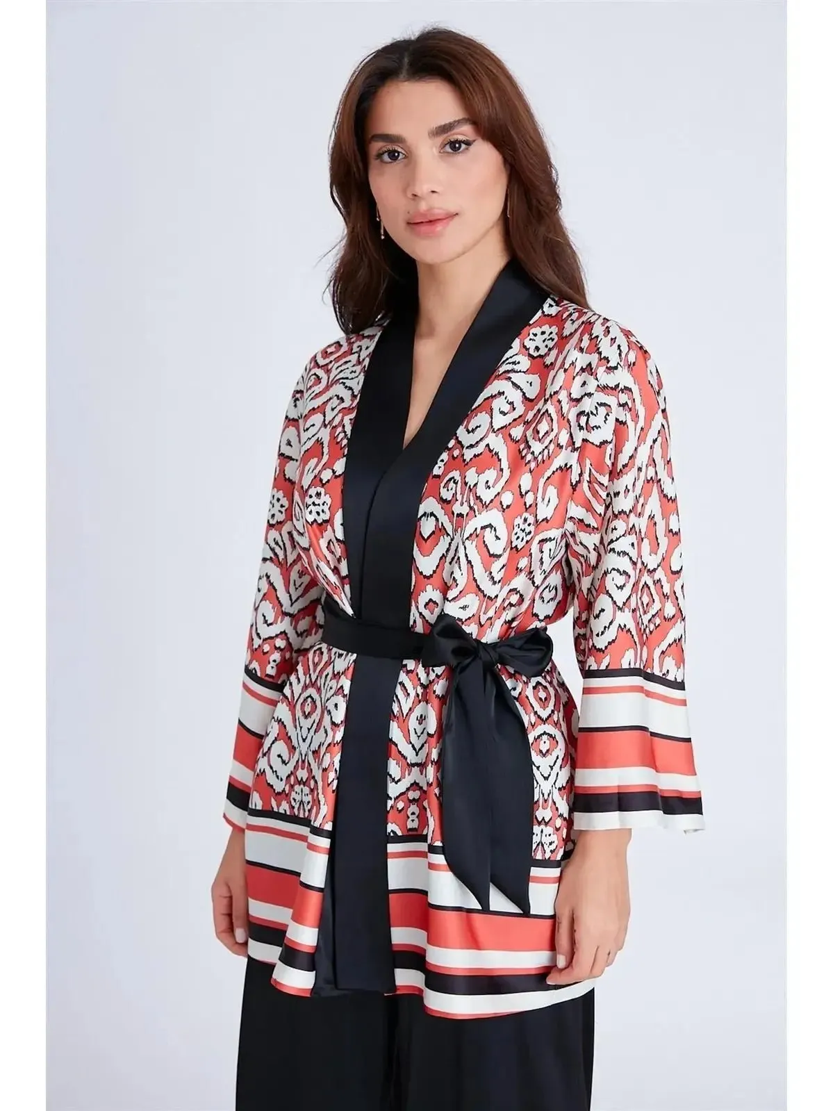 Women's Satin Kimono Pants Set - Orange