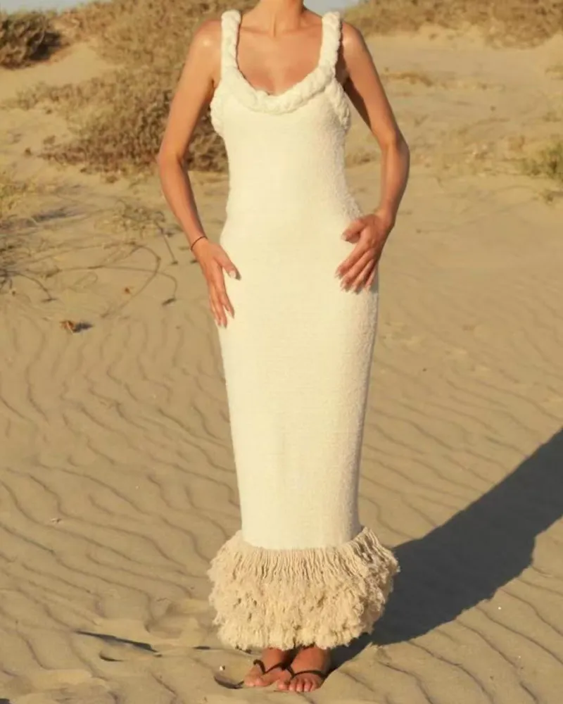 Woven Flax Rope Wrap Hips Fringe Dress