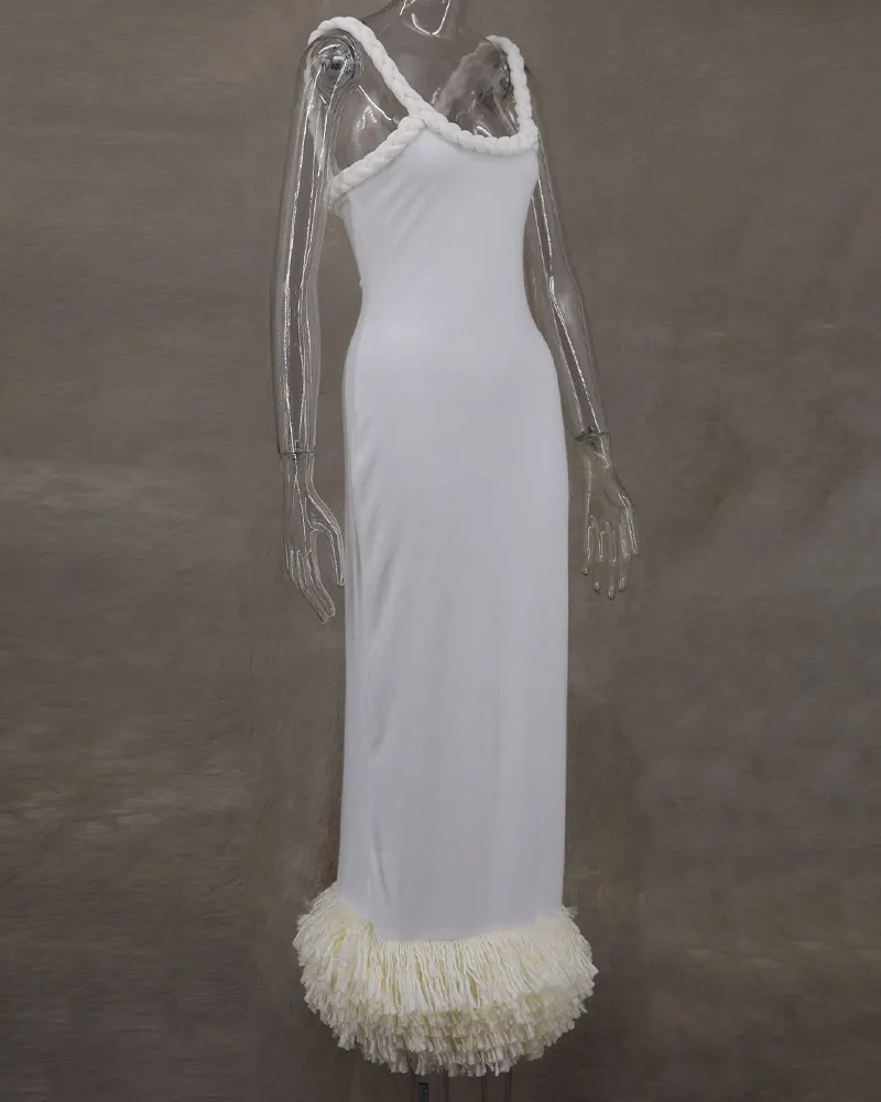 Woven Flax Rope Wrap Hips Fringe Dress