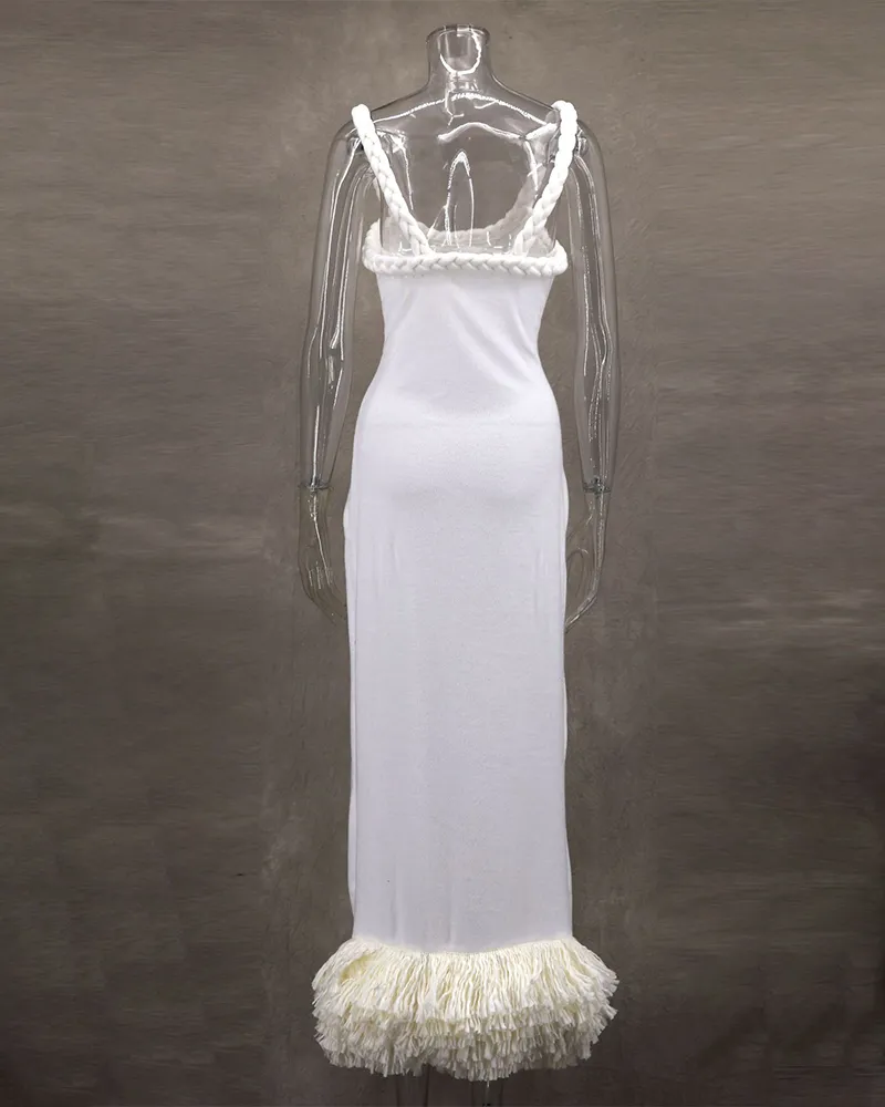 Woven Flax Rope Wrap Hips Fringe Dress