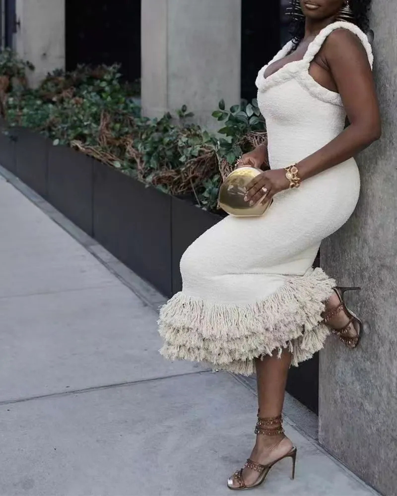 Woven Flax Rope Wrap Hips Fringe Dress